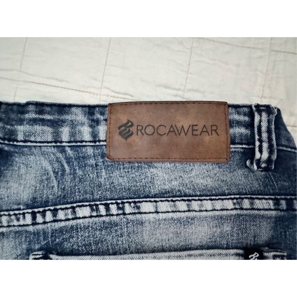 Rocawear Biker Jeans Mens 38 Blue Denim Streetwear Slim Fit Faded Skinny Leg y2k - Picture 5 of 10